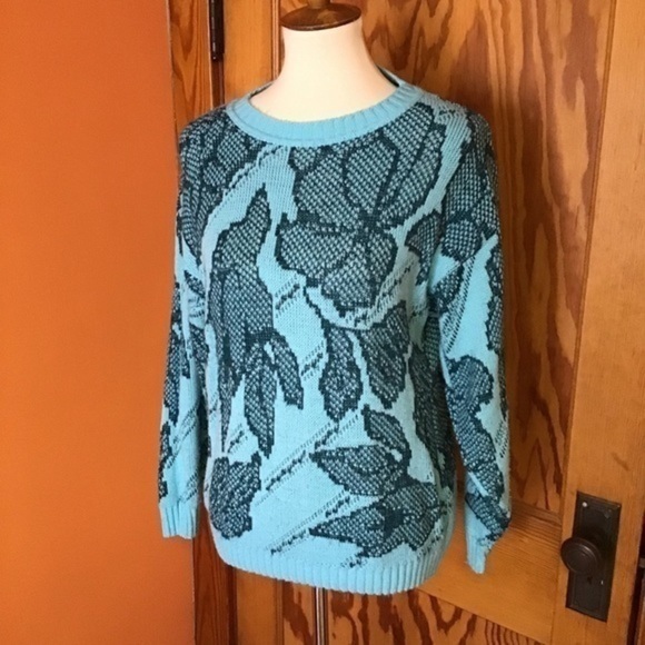 GUC✨ JESSICA SCOTT vintage women's large blue 90s flowers sweater - Picture 6 of 8